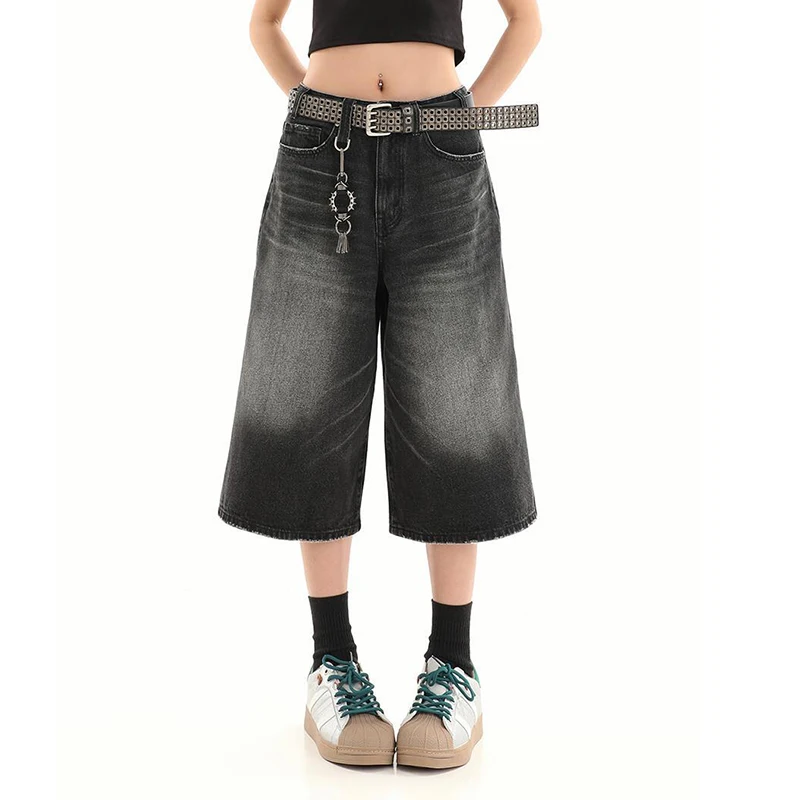 Y2k Vintage Black Jean Shorts Womens Washed Casual Barrel Jeans Wide Leg Pants Female Denim Shorts Capri Pants Streetwear