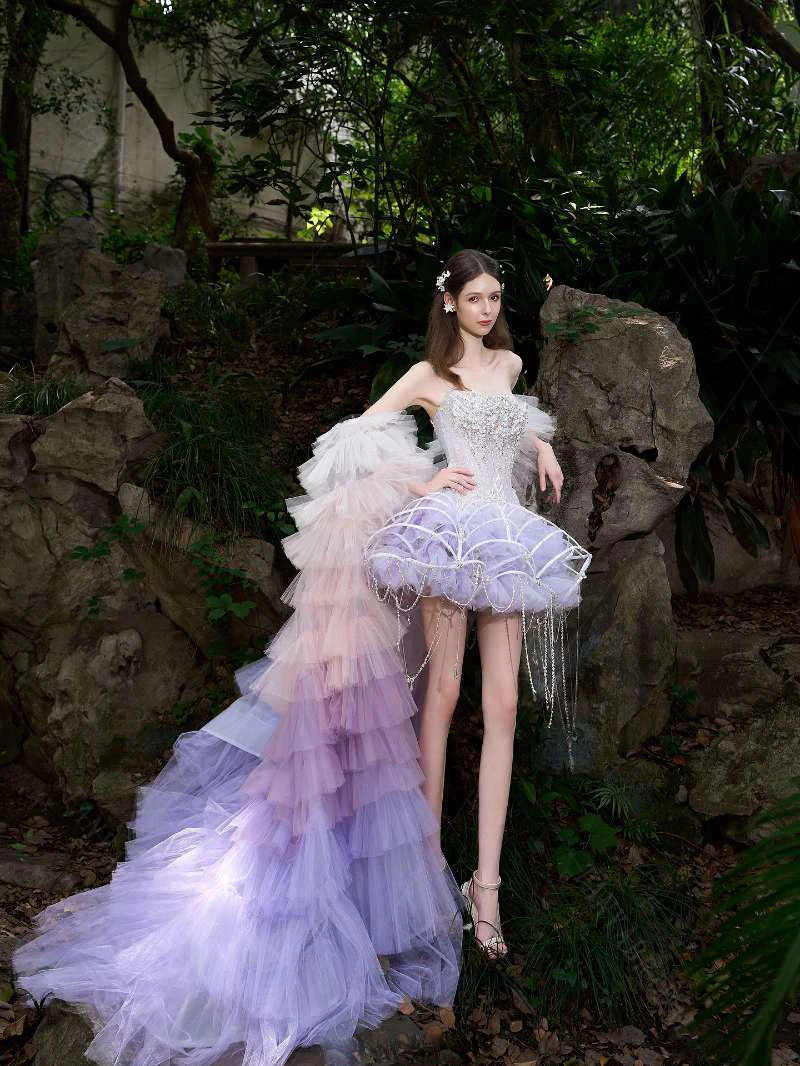 Dreamy Colorful Tulle Wedding Cape ,Ruffles Long Train With Short sleeve ,Charming Bridal Jacket   DJ503