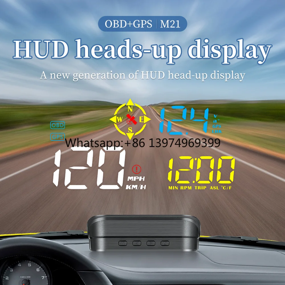 2025 Hot Sale M21 2 Head up Display GPS Speedometer LED Windshield Display with Speed and Clock Function for Cars