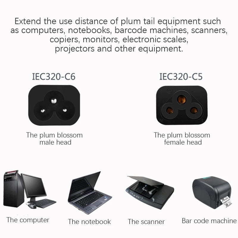 Power Extension Cord, Flame-Retardant and Heat-Resistant Iec320 C5-C6 Plum Blossom Three-Round Power Cable for Computers