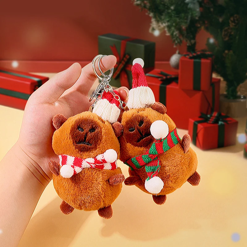 Cartoon Cute Christmas Woolen Hat Scarf Capybara Plush Doll Pendant Keychain Backpack Hangings Ornament