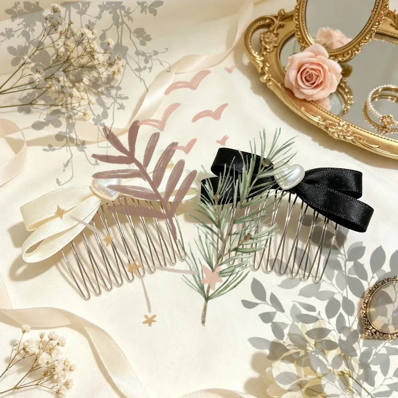 Elegant Ribbon Bow Hair Combs Faux Pearl Heart Decor: Metal Teeth Daily Wear Wedding Hair Styling
