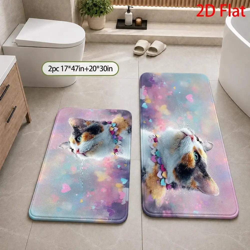 Cute Cat Watercolor Bath Mat Rug Anti-Slip Waterproof Pet Lover Bathroom Mat Decor for Vanity Sink Entrance Gift Household