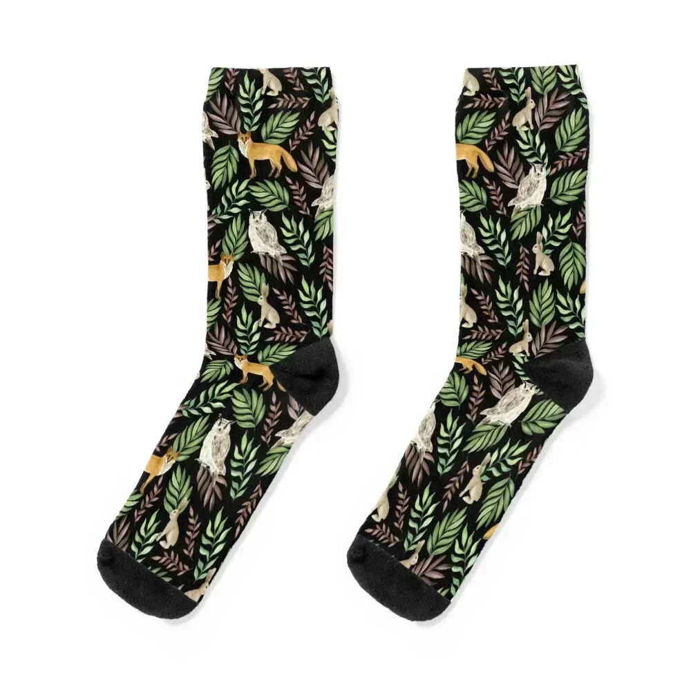 

Foxes, owls, rabbits. Black pattern Socks hiphop man Soccer Socks Woman Men's