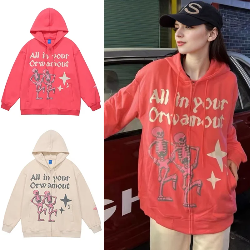 Y2k American arcane stitch Vintage Print Hoodie Fall New Subculture Long-sleeved Outerwears Oversized Loose Casual Women's Tops