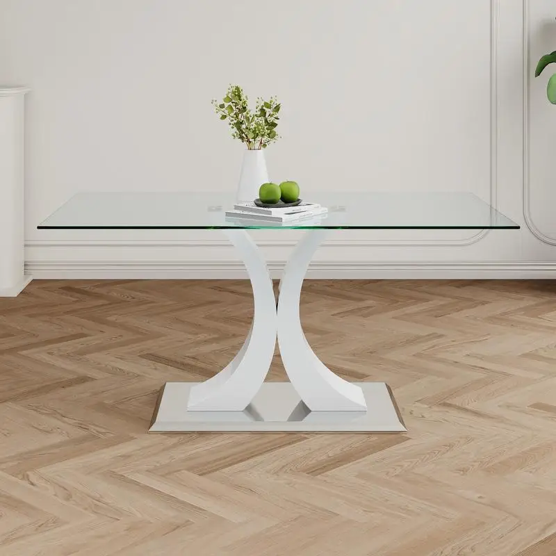 Mesa de cristal rectangular moderna de 63 ", diseño transparente elegante, base de soporte de acero inoxidable resistente, muebles elegantes para