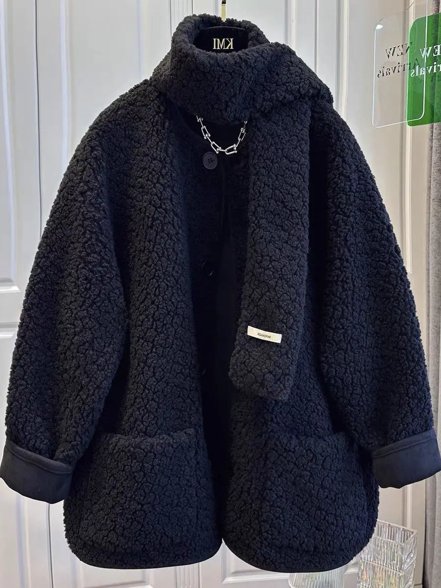 

plus Size Women's Thickened Fleece Jacket Loose Warm Winter Coat Button up Cardigan Style Long Sleeve round Neck Pure Color