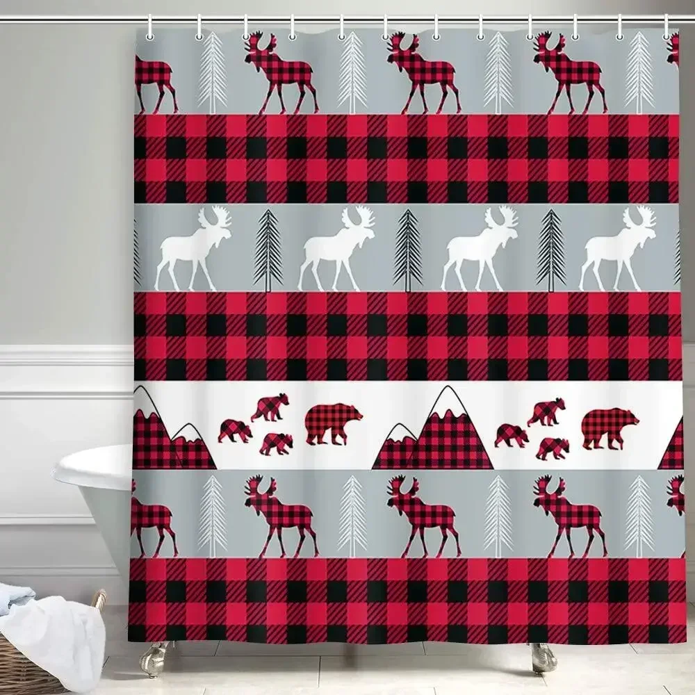 Red Black Buffalo Check Plaids Bear Family Shower Curtains for Bathroom, Farmhouse Animals Bear with Moose Striped Bath Curtain