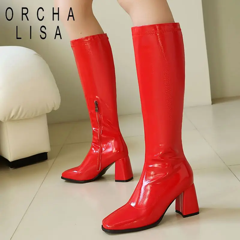 

ORCHALISA Горячая новинка: Женские высокие сапоги до колена с квадратным носком, массивным каблуком 7 см, на молнии, размеры 45, 46, 47, 48. Сексуальные, для вечеринок и свадеб, ручная работа, осенние.