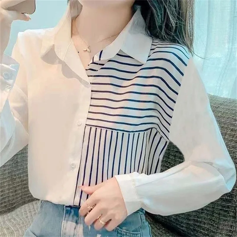 

2025 New Women's Spring Summer Autumn Shirt Blouse Stripe Stitching Design Long Sleeved Shirt Versatile Casual White Shirt Top