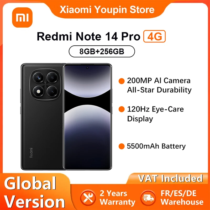 Version mondiale Xiaomi Redmi Note 14 Pro 4G Smartphone 200MP AI camra 5500mAh batterie 45W charge MediaTek Helio G100-Ultra