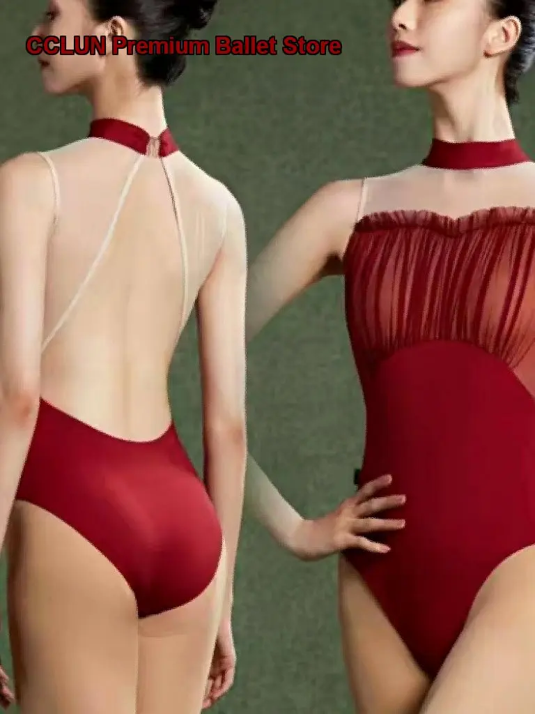 Women's Adult Chinese Dance Practice Leotard Gymnastics Basic Training Body Suit Art Exam Stand Collar Yoga High Neck