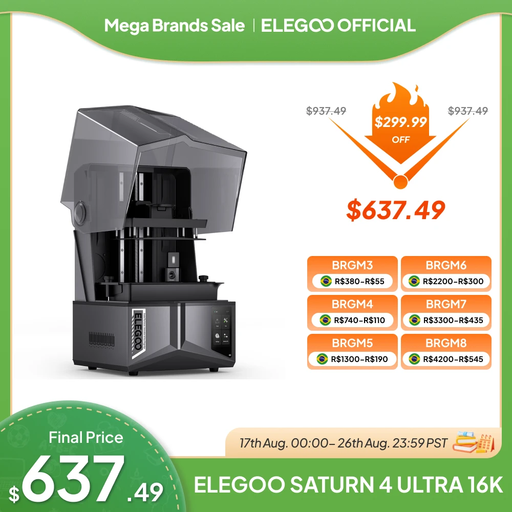 PRÉ-VENDA: Impressora 3D de Resina ELEGOO SATURN 4 ULTRA 16K com Monitoramento de Impressão por IA, Impressão de Alta Velocidade, Tamanho 8.33 × 4.66 × 8.66 Polegadas