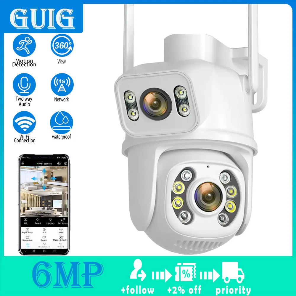 

6MP WiFi Camera Outdoor Lens Triple Screen Security Mobile Body Detection Outdoor IP CCTV Survalance