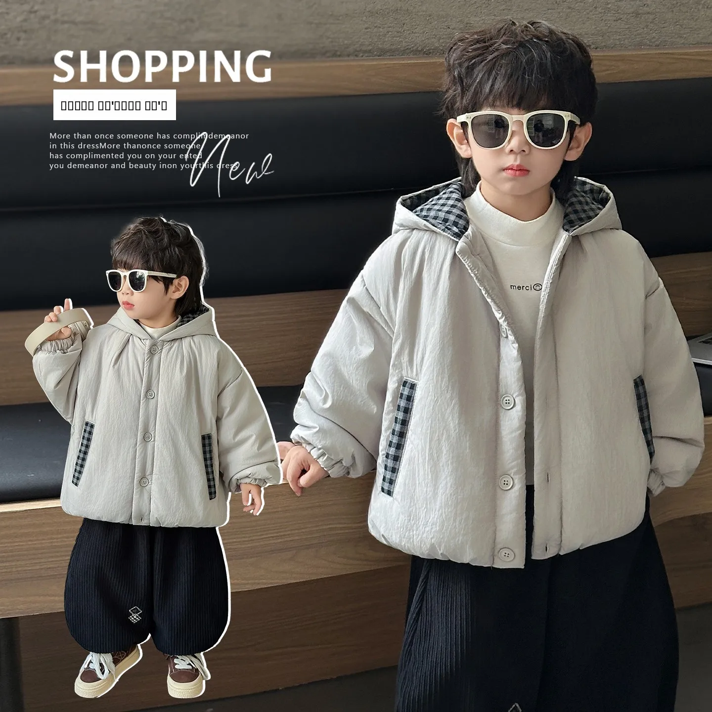 

Модная хлопковая куртка в клетку с капюшоном для мальчиков, новинка 2025 года, зимняя повседневная теплая хлопковая куртка-пальто для детей, верхняя одежда с наполнителем из полиэфирного волокна