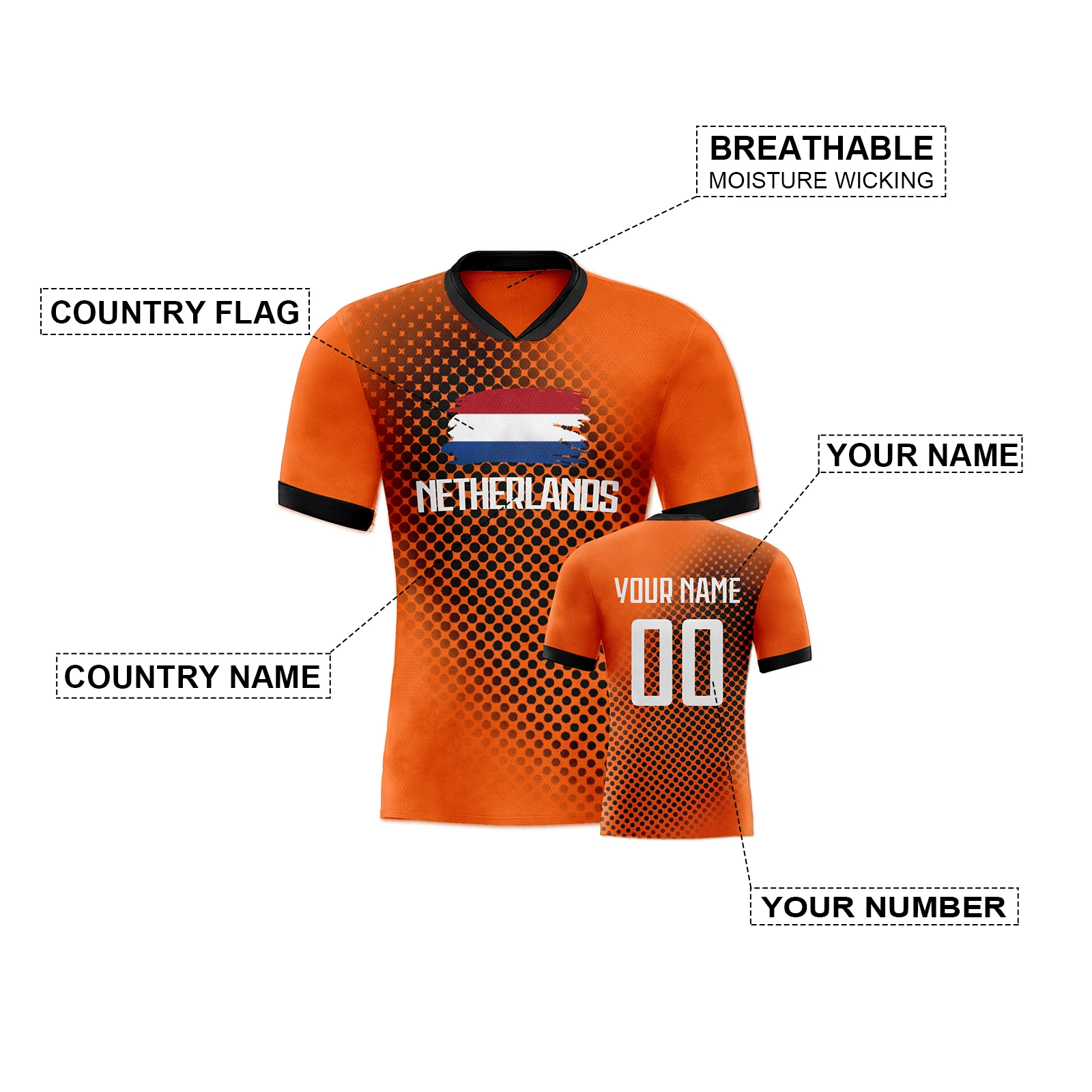 Jersey sepak bola kustom Belanda, seragam tim sepak bola cepat kering, nomor nama pribadi, pakaian olahraga untuk pria wanita muda