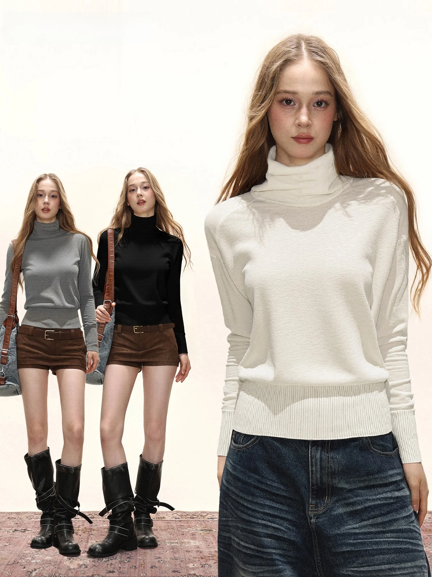 

iyue Women's High Collar Knitted Long Sve Sweater Winter New Sle Waist Cinched Base irt Casual Loose Fit Warmth