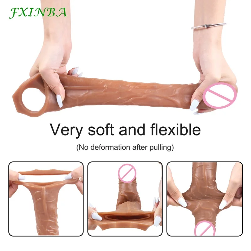 FXINBA-Manga extensora de pene grande reutilizable, consolador masculino, Juguetes sexuales para hombres, 21/25/28cm