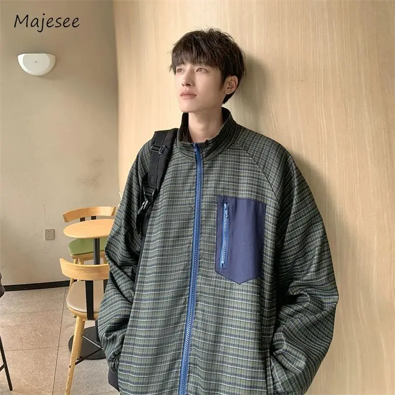 

Plaid Jackets Men Loose Simple Spliced Pocket Teenagers Streetwear Advanced All-match Temperament Slouchy Spring Autumn Retro