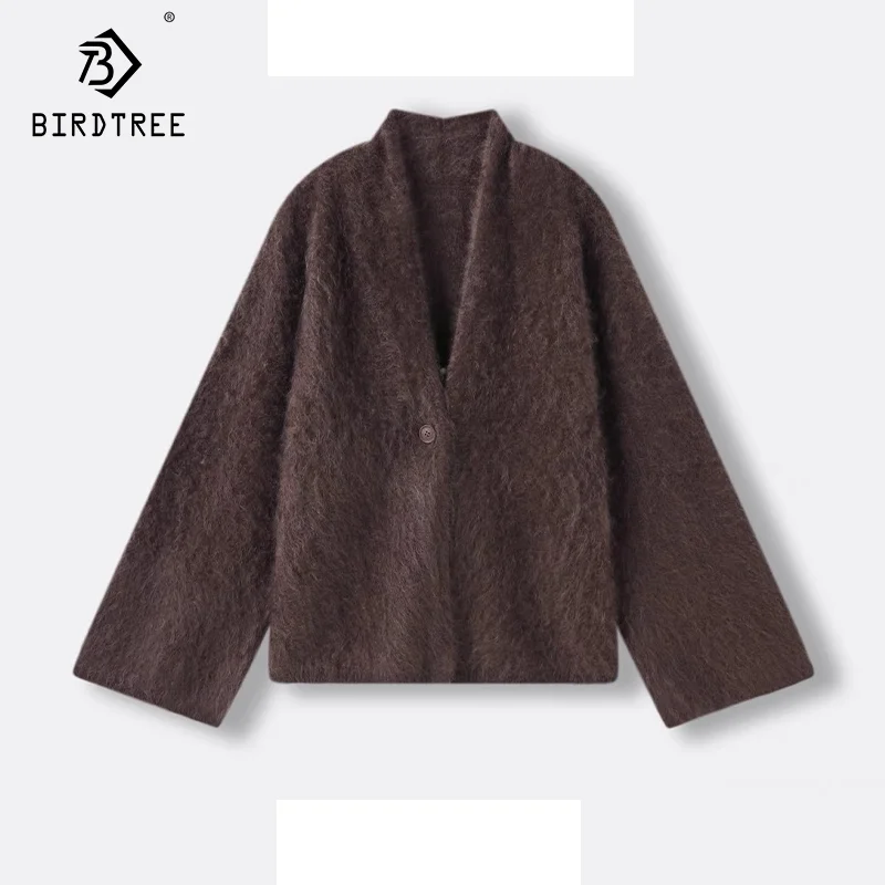 Birdtree-2024 Women Brushed Cardigans, 100%Goat Cashmere, V-Neck, Fashion Loose Sweaters, Autumn Winter Knitted Coat C49003QM