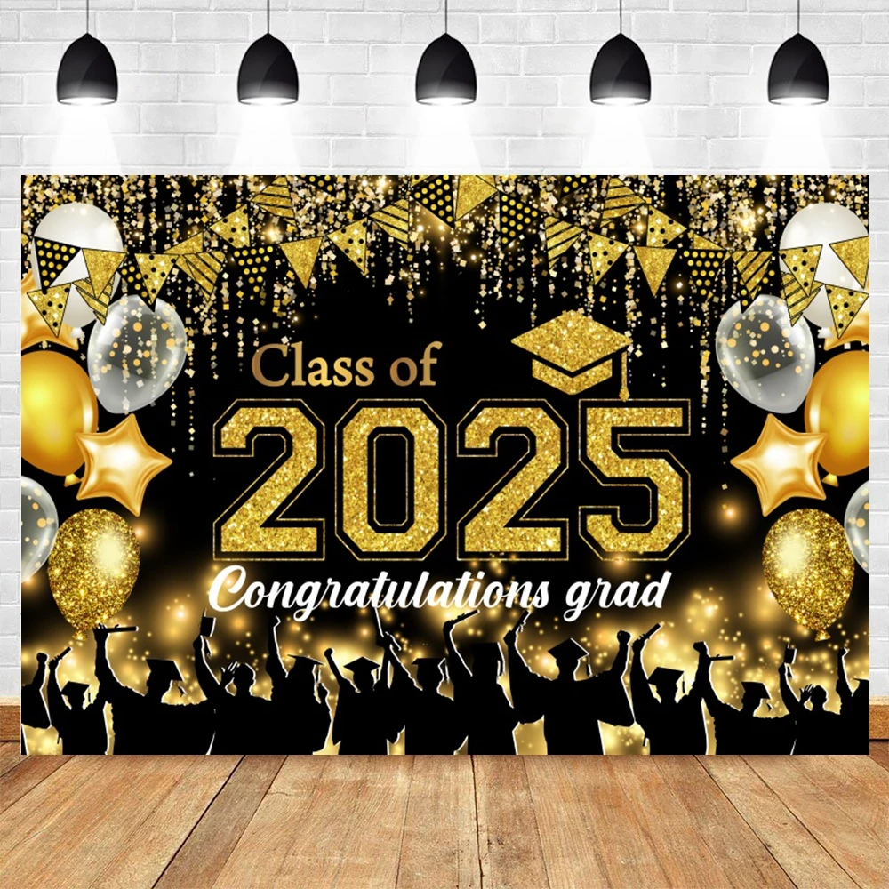 2025 Graduation Photography Backdrop Glitter Balloons Doctoral Hat Prom Party Graduate Portrait Photo Background Photostudio