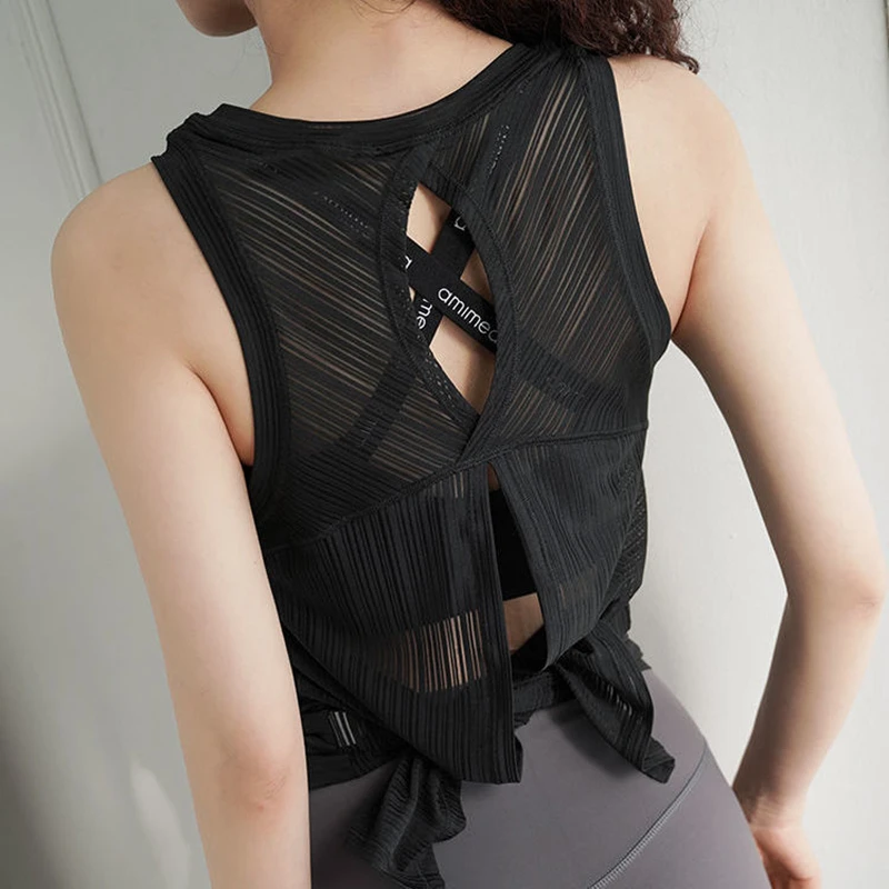 Camisetas sin mangas de yoga para mujer, chaleco deportivo fino y holgado, camiseta de running de malla fina, chaleco de gimnasio con vendaje, tops sin mangas calados para mujer