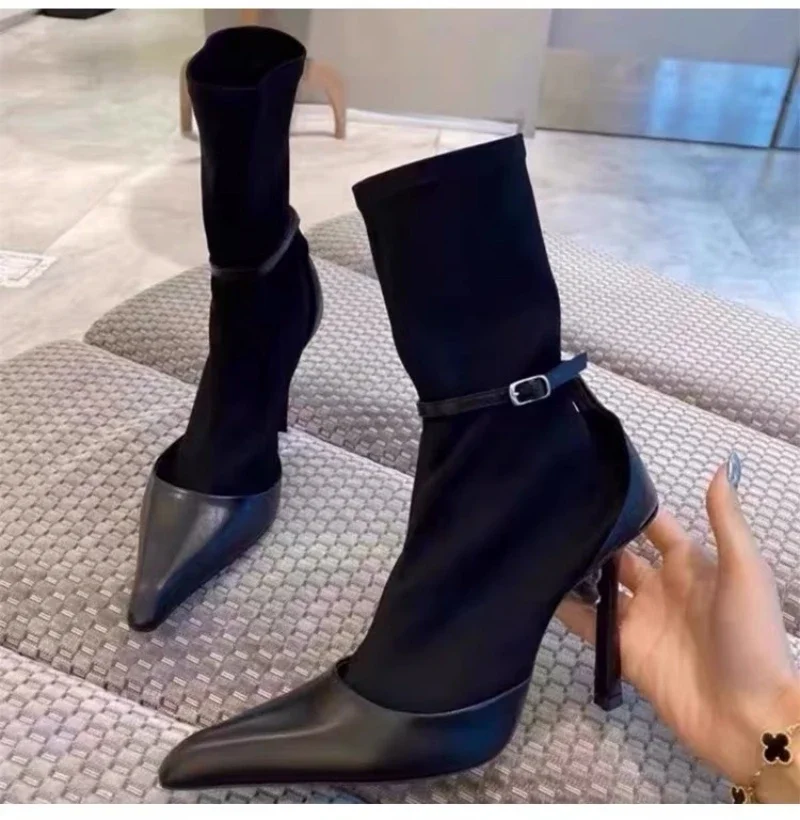 Pointed Women's Sexy Ankle Boots Stiletto Cross-Buckle Design Mesh Botas Botines Para Mujeres Shoes Women Fashion Dress Shoe