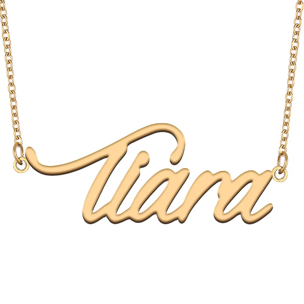 

Tiara Name Necklace for Women Jewelry Stainless Steel Gold Color Nameplate Pendant Font Letters Choker Necklaces