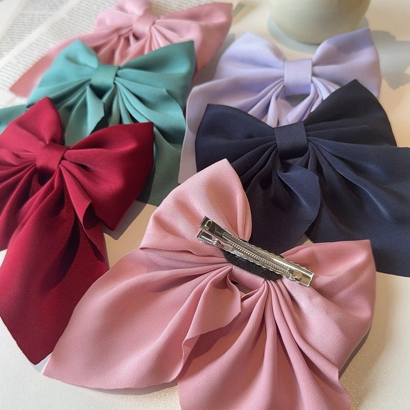 Elegant Bow Ribbon Hair Clip Fashion Simple Solid Satin Spring Clip Hair Pin Retro Headband with Clips Girls Hair Accessories