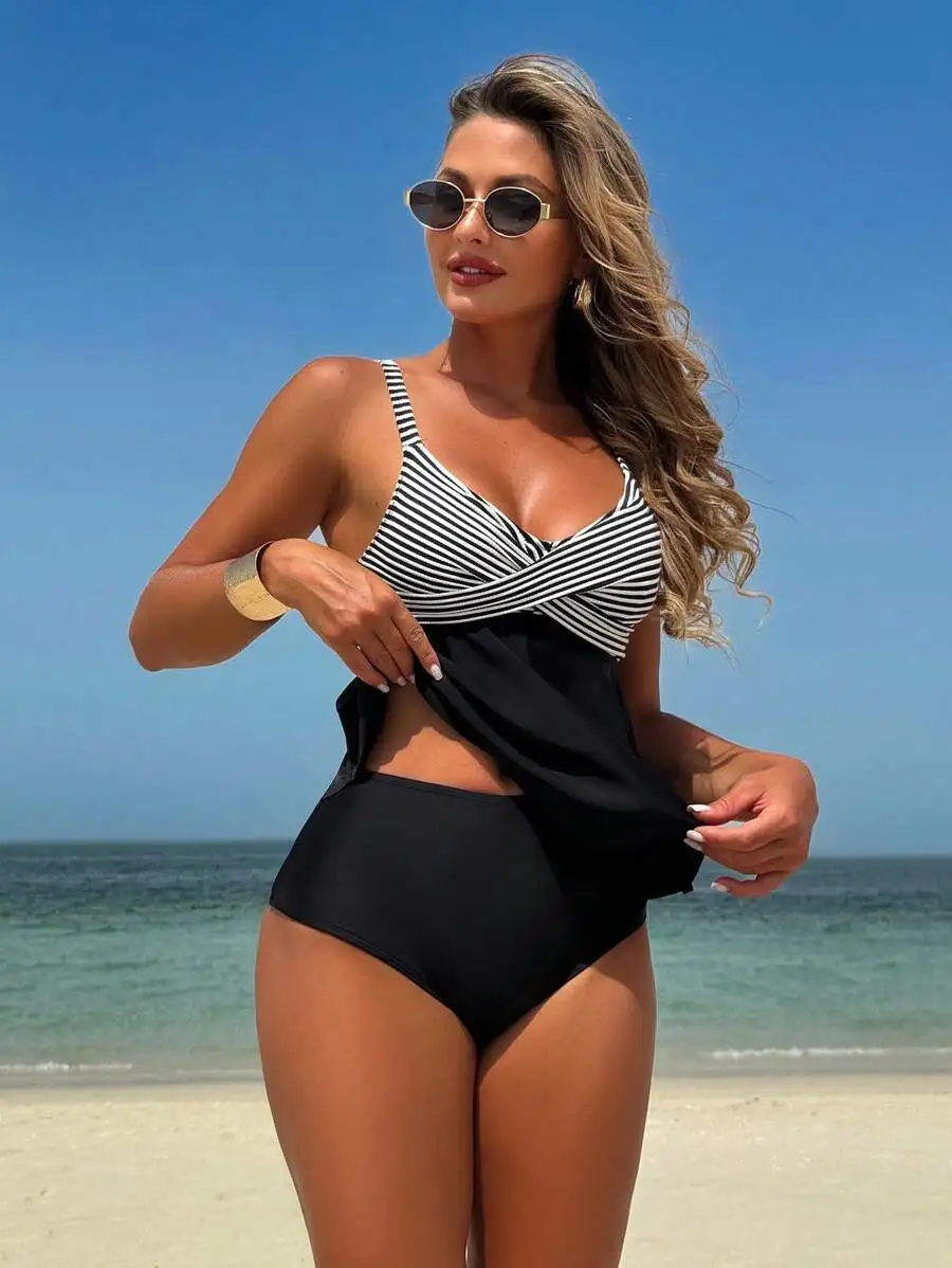 

Women Two Piece Bikini Set Striped Camisole Top High Waist Swim Shorts For Beach Summer Vacation