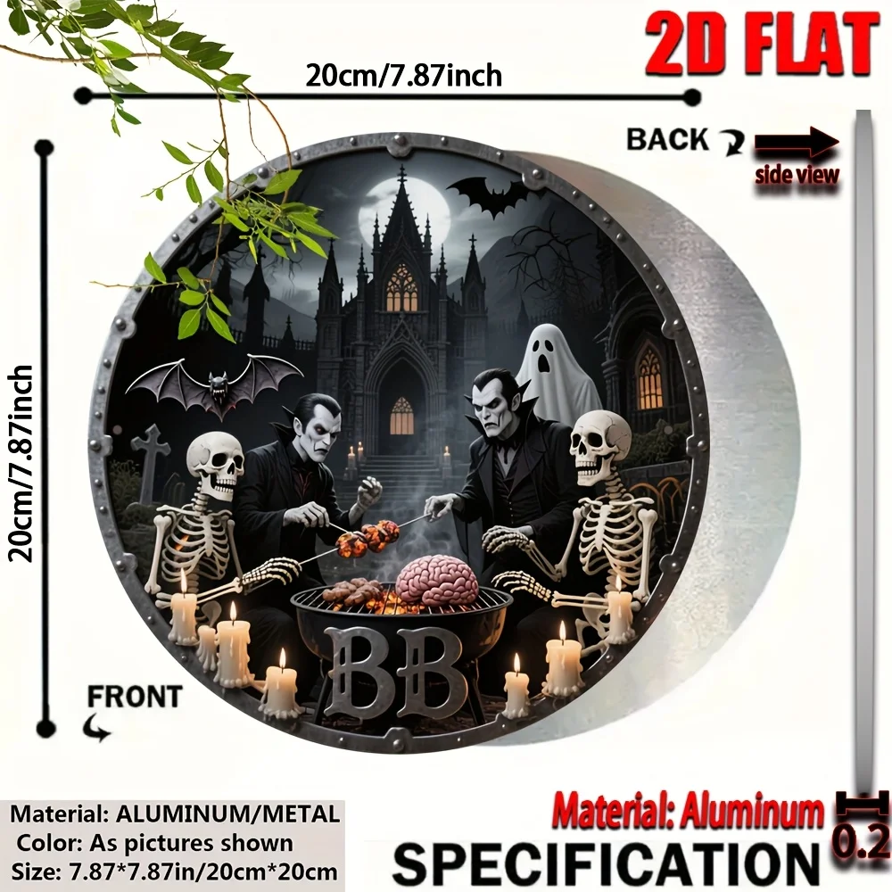طباعة مسطحة ثنائية الأبعاد، قطعة واحدة من لافتة فنية جدارية معدنية بطابع مصاصي الدماء - لوحة زخرفية مستديرة من الألومنيوم مقاس 7.87 بوصة مع فنية قوطية، Skel #2