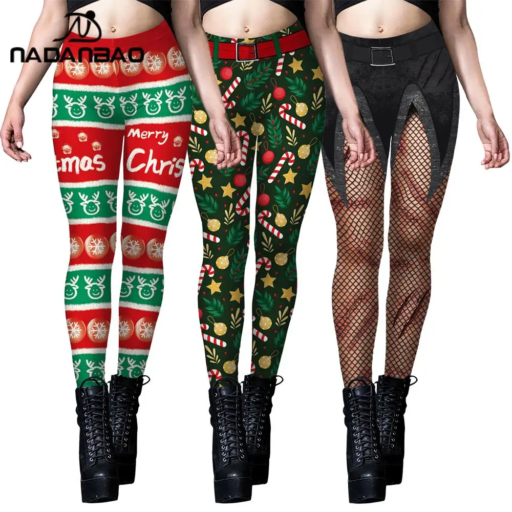 NADANBAO Elf Leggings Ugly Christmas Pants Women Sexy Tights 3D Digital Print Workout Trousers Fancy Holiday Party Clothes Gifts