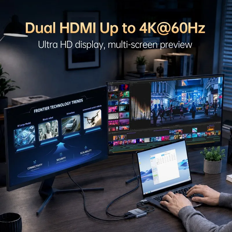DisplayPort to Dual HDMI Adapter 4K60Hz, DP 1.2 to 2 HDMI Splitter Hub with Power Port, 120Hz Support Extended Display Converter