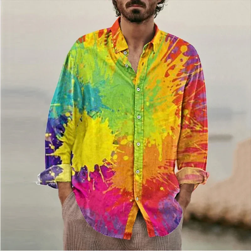 Summer Men Women Harajuku Colorful Love Shirts Rainbow Graphic Long Sleeve Lapel T-shirt Ropa Hombre Casual Oversized Male Tops