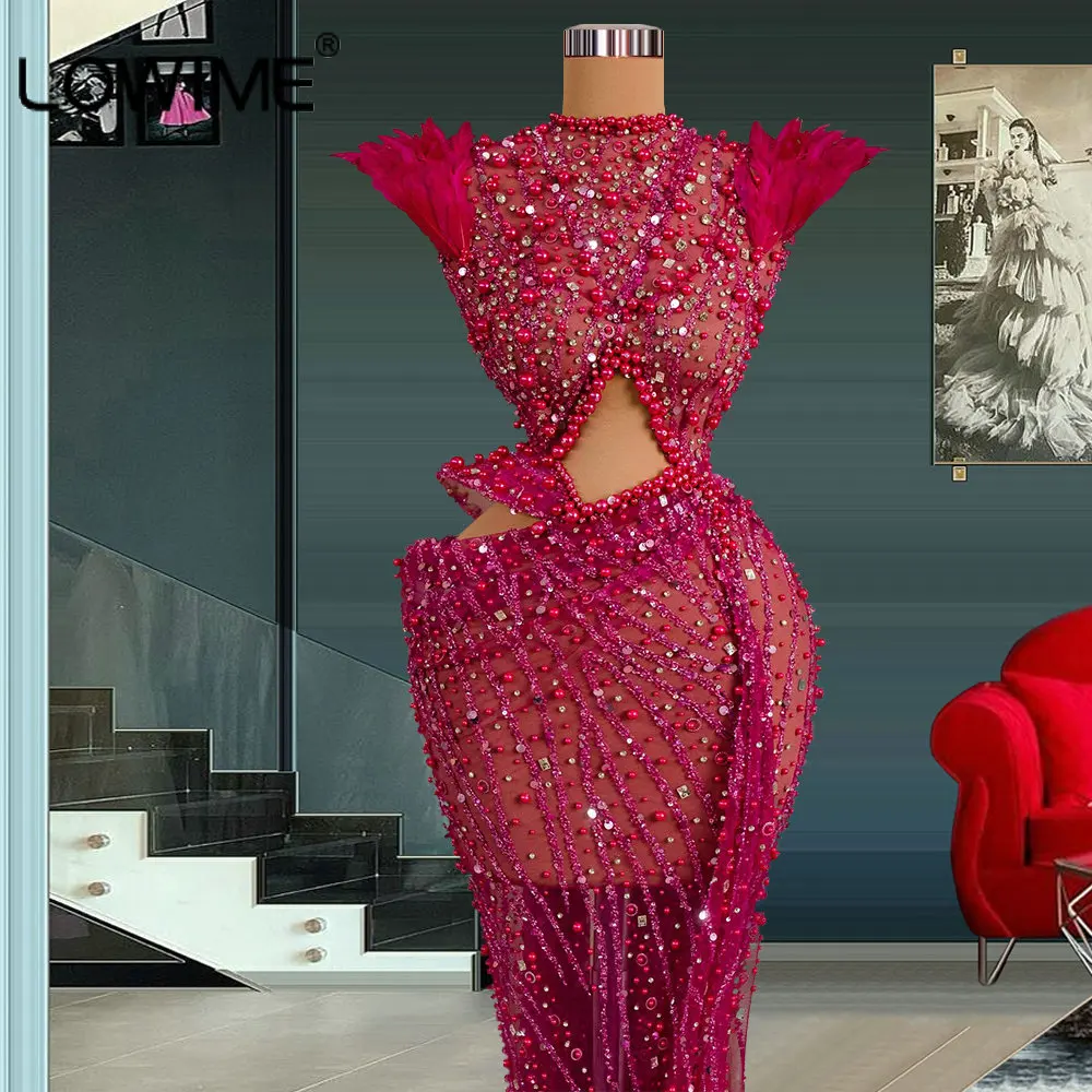 Dubai Arabic Luxury Hot Pink Feathers Long Mermaid Evening Dresses Turkey Sexy Cut Out Crystals Beaded Sequins Ceremony Gowns