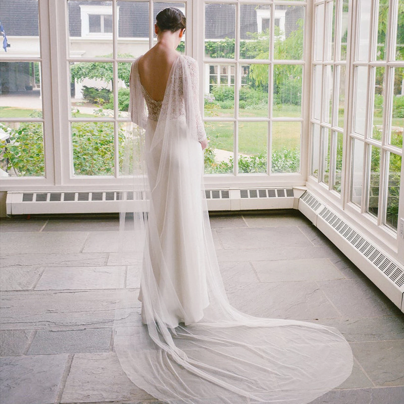 Glitter Tulle Long Detachable Trailing Cape Elegant Romantic Wedding Bridal Shawl for Bride Evening Gown GP41