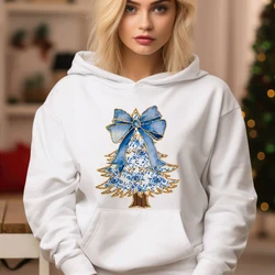 Women Creative Christmas Tree Print Hoodie Long Sleeve Pullover Fashion Sweet Bow Tree White Y2K Tracksuit Merry Christmas Hoody