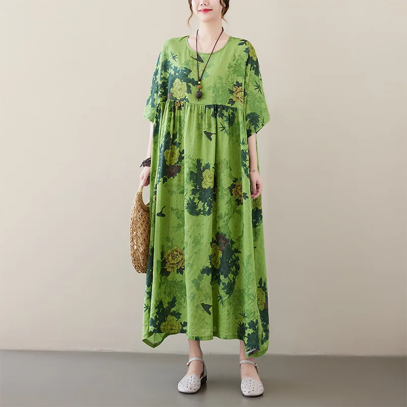 

Johnature Vintage O-neck Short Sleeve Floral Print Loose Dress 2024 Spring New Casual Green Pullover Smiple Women Dresses