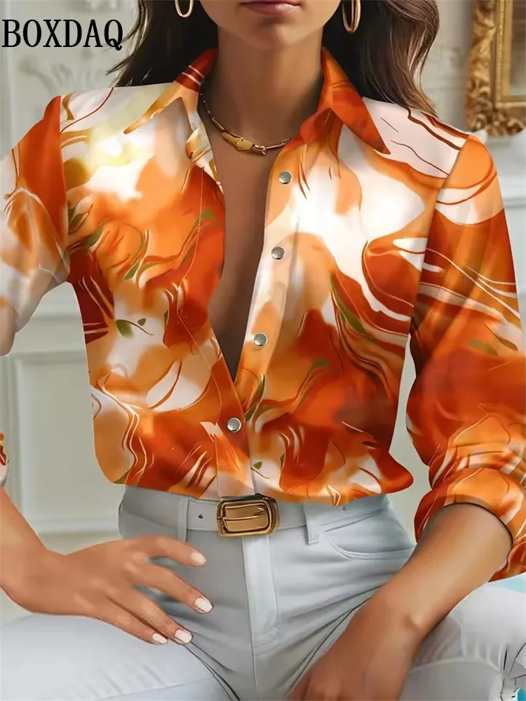 New Women's Abstract Tie Dye 3D Marble Pattern Print Long-Sleeved Blouse Fashion Spring Autumn Casual Lapel Button Loose Shirts