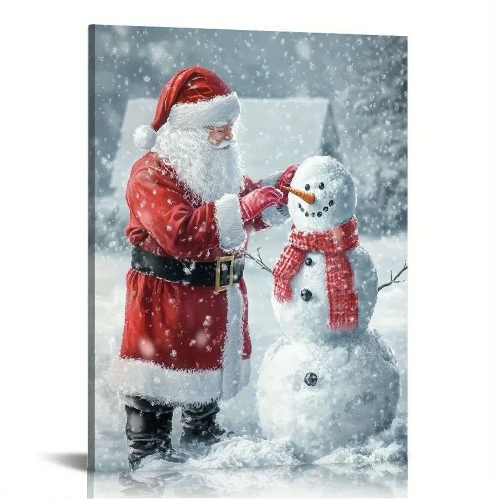 1PC Christmas Snow Poster Father Christmas and Snowman Canvas Wall Decoration Applicable Living Room Dining Room Framed