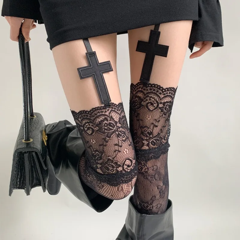Damen Sexy Spitze Blumen Netzstrümpfe Kostüme JK Lolita Oberschenkelhohe Socken Nylon Mesh Atmungsaktive Overknee-Strümpfe