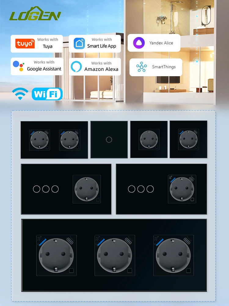 Logen EU Smart WiFi Touch Light Switch and Smart Sockets Energy Monitoring Timer Schedule Tuya Need Neutral Wire Glass 1/2/3Gang