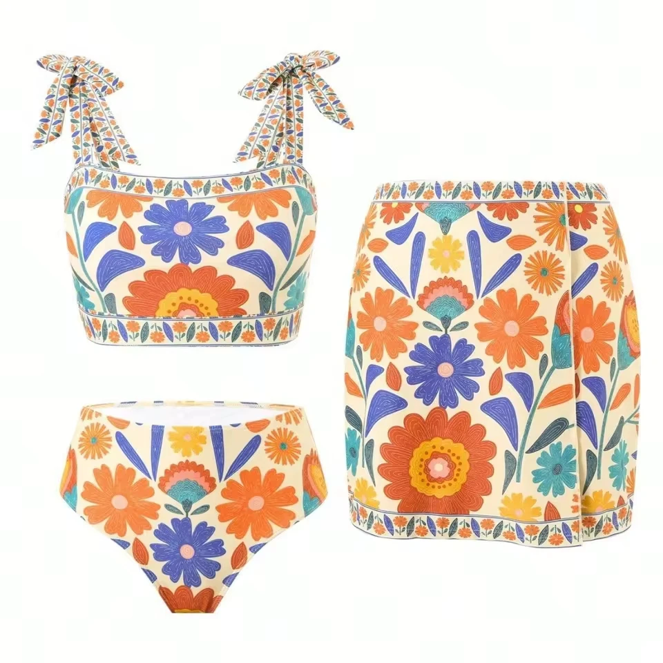 

2026 New Women's High Waist Bikini Set Floral Printed Swimsuit 3-piece Belly Swimsuit with Short Skirt