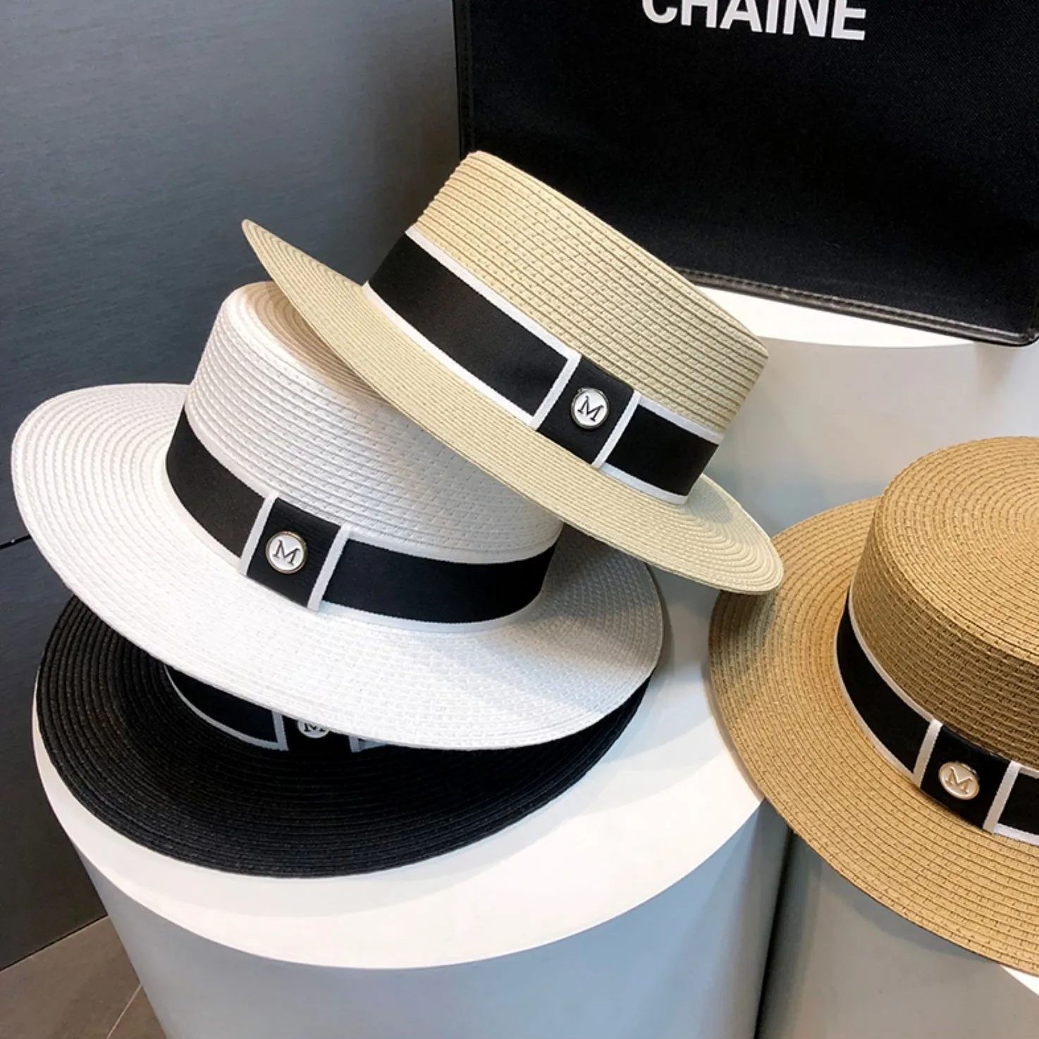 Flat top summer straw hat for women on seaside vacation sun protection flat top French straw hat  chapeau femme