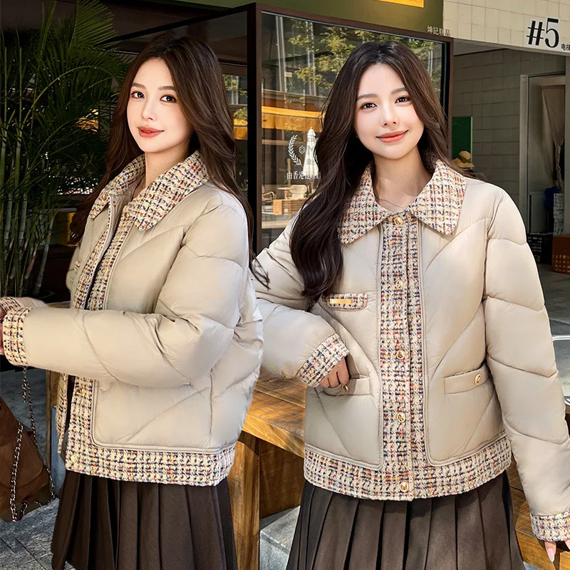 

Шерстяная лоскутная хлопковая одежда, женские короткие парки, пальто с длинными рукавами, однобортные зимние хлопковые куртки с лацканами, новинка 2023 года