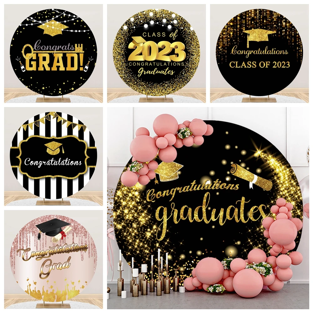 

Class of 2024 Round Graduation Backdrop Black Blue Gold Glitter Balloon Bachelor Cap Congrate Party Photography Background Decor