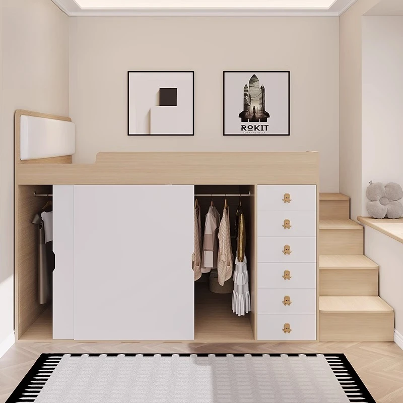 Half-height bed wardrobe combination bed and lower cabinet integrated children's room tatami high box storage cabinet single bed