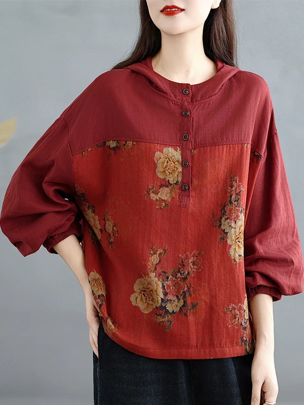 초가을 빈티지 스플라이스 컬러 블록 코튼 얀 후드 루즈 맘 셔츠 다용도 긴 소매 통기성 피부 친화적