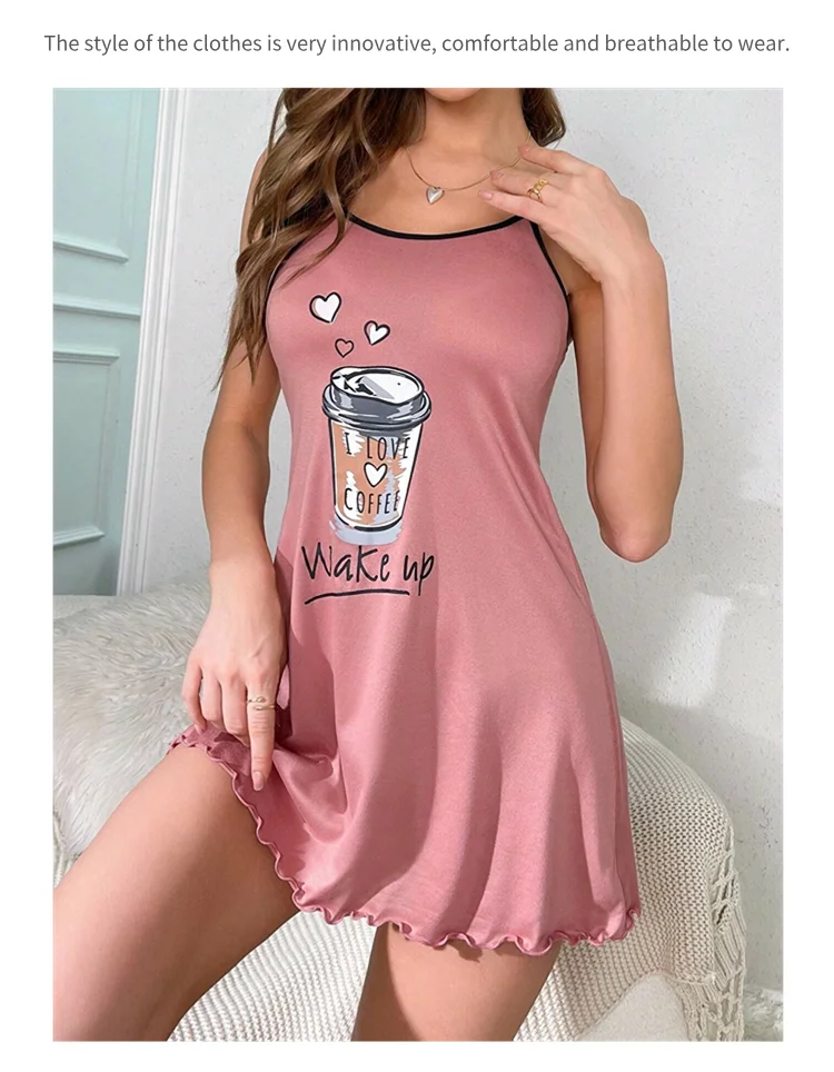 Damen-Sommer-Nachtwäsche, bedruckte Cartoon-Pyjamas, Träger-Nachtwäsche, lässiges und bequemes Hauskleid, Nachthemd. – Detail 5