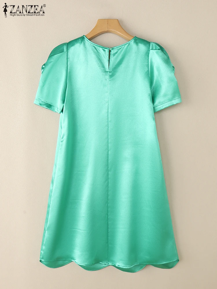 فساتين ZANZEA أنيقة للنساء بطول الركبة بحاشية صدفية من قماش الساتان وأكمام قصيرة للحفلات على شكل حرف a من ZANZEA